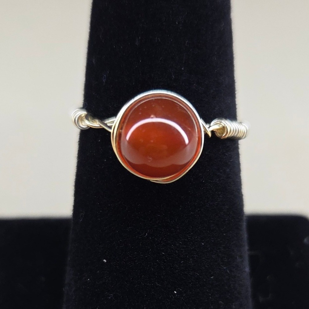 Handmade Carnelian Wire Wrapped Ring Silver Tone Boho Artisan Size 8